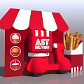 AST DELIVERY Red And White Striped Kiosk With Red Scooter Fries And Fast Food Icons