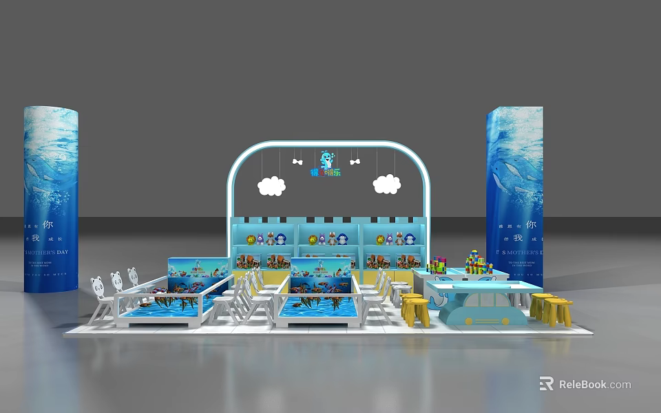 Vibrant Blue Exhibition Booth Featuring Cloud Decorations And Child Friendly Display Spaces 3d model