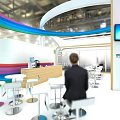 DSM Exhibition Booth Modern Design With Curved Canopy Colorful Stripe Counters And Digital Screens