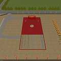 Open Construction Area With Red Platform Circular Structure Yellow Machinery Flags Distant Trees And Road 3d model