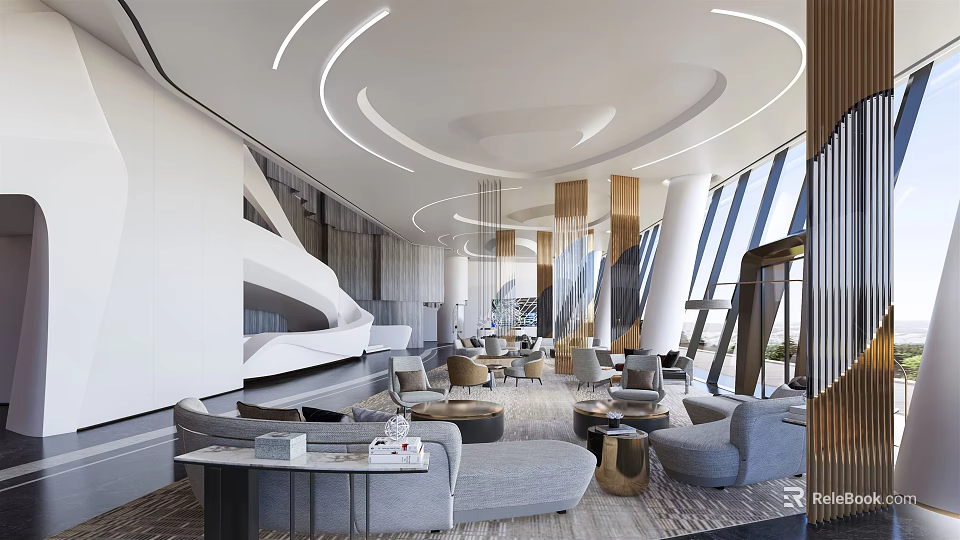 Modern Sales Office Interior With Reception Area Comfortable Seating And Elegant Lighting 3d model