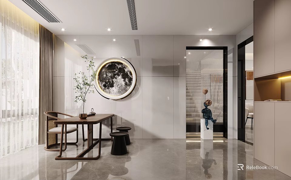 Modern Entryway with Round Decorative Painting Wooden Table and Chairs Glass Screen and Green Plant 3d model 