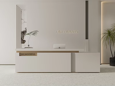 Modern Minimalist Reception Desk With Walkersfel Sign Green Plants And Uncommon White Design 3d model