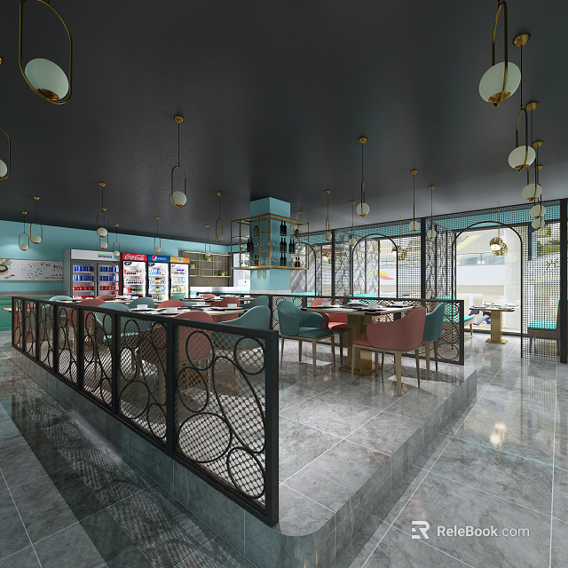 Modern Restaurant Interior With Golden Pendant Lights Black Circular Railings Teal Red Chairs And Tables 3d model 