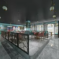 Modern Restaurant Interior With Golden Pendant Lights Black Circular Railings Teal Red Chairs And Tables