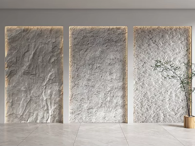 Modern Textured Gray Sofa Backdrop Wall With Plant Decor And Light Tile Floor 3d model