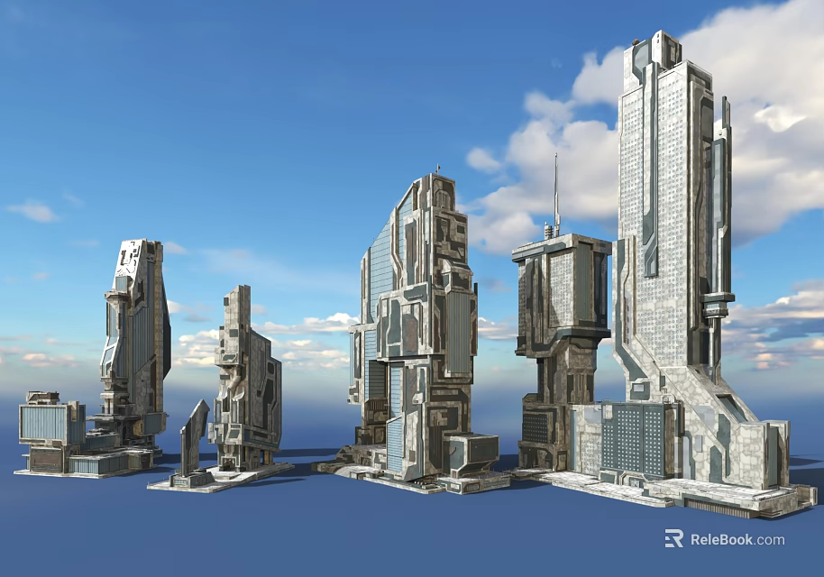 Scifi Futuristic City Buildings With Tall Unique Gray Metal Glass Towers And Blue Sky Background 3d model
