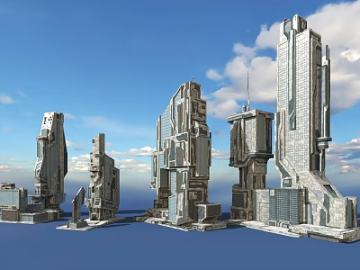 Scifi Futuristic City Buildings With Tall Unique Gray Metal Glass Towers And Blue Sky Background 3d model