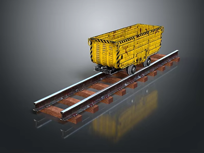 Yellow Train Freight Carriage On Railway Track With Metal Rails And Wooden Sleepers 3d model