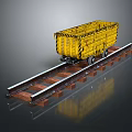 Yellow Train Freight Carriage On Railway Track With Metal Rails And Wooden Sleepers