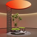 Indoor Landscape Design Featuring Red Circular Ceiling Vertical Lattice Green Plant And Moss Covered Platforms