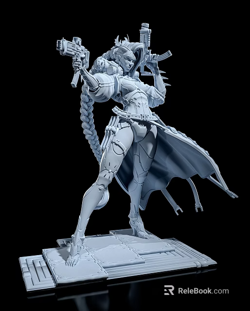 Intricate Mechanical Female Sculpture With Bionic Body Details Long Braided Hair And Flowing Cloak 3d model 