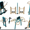 Various Outdoor Fitness Equipment Collection Featuring Blue And Orange Workout Machines