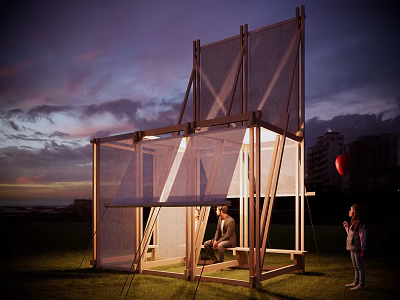 Modern Wooden Pergola With Mesh Panels On Grass At Sunset With People And Red Balloon 3d model