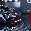 Futuristic Black Sports Car With Orange Wheels Neon Lights And Digital Display Showroom