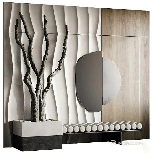 Modern Interior Decor With Wavy Textured Wall Round Mirror And Decorative Branches 3d model