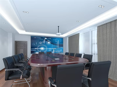 Modern Conference Room Interior With Round Table Black Leather Chairs And Large Digital Screen 3d model