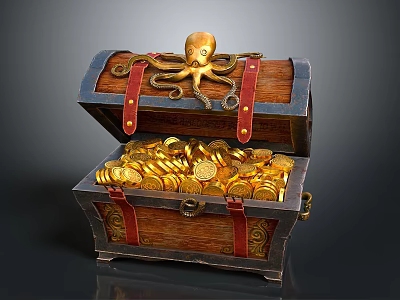 Vintage Wooden Treasure Chest Filled With Gold Coins And Octopus Decoration 3d model