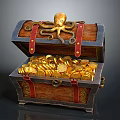 Vintage Wooden Treasure Chest Filled With Gold Coins And Octopus Decoration