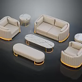 Modern Elegant Sofa Coffee Table Combination With Beige Upholstery Golden Trim And Marble Top