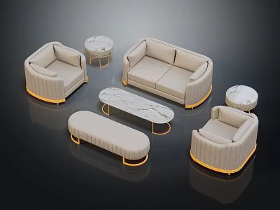 Modern Elegant Sofa Coffee Table Combination With Beige Upholstery Golden Trim And Marble Top 3d model