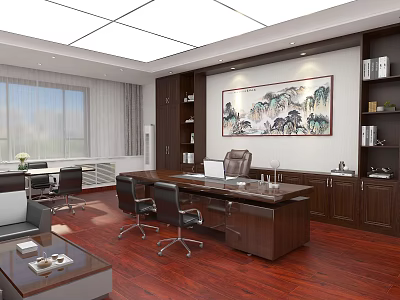 Modern Office Interior With Large Wooden Desk Leather Chair And Chinese Landscape Painting On Wall 3d model