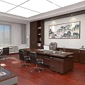 Modern Office Interior With Large Wooden Desk Leather Chair And Chinese Landscape Painting On Wall