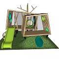 Wooden Playground Structure With Branch Decor Green Circular Windows And Climbing Rings