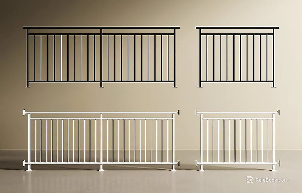 Black and White Metal Railings With Vertical Bars And Horizontal Rails 3d model 