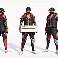 Game Movie Character In Black Red Outfit With Tattooed Arms Cap And White Pattern Pants