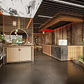 Restaurant Interior Design With Wooden Partition Pendant Lights Orange Rattan Seats And Textured Wall