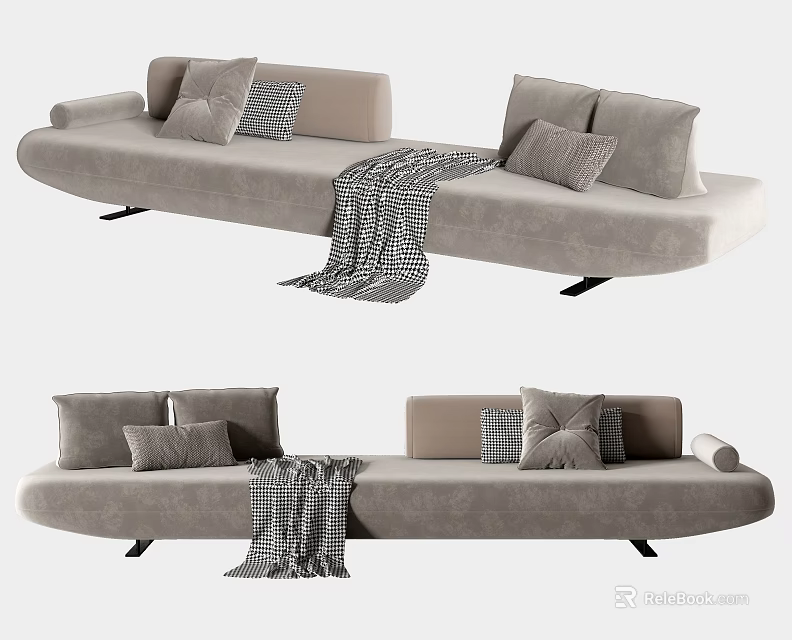 Modern Sleek Sectional Sofa In Light Gray With Pillows And Throw Blanket 3d model