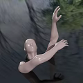 Mannequin Head Emerging From Water Surface With Raised Hands Against Green Plant Background And Ripples