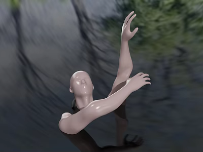 Mannequin Head Emerging From Water Surface With Raised Hands Against Green Plant Background And Ripples 3d model