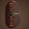 Oval Brown Leather Shield With Golden Decorations Central Metal Boss And Crescent Moon Designs