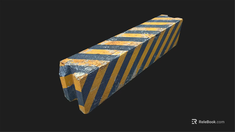Concrete Road Barrier With Blue Yellow Diagonal Stripes And Worn Surface 3d model 