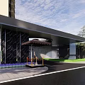 Modern Black Entrance Gate With Circular Design Tall Building And Green Trees