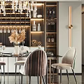 Elegant Modern Dining Set With Glass Tabletop Green Beige Chairs Crystal Chandelier And Wine Cabinet