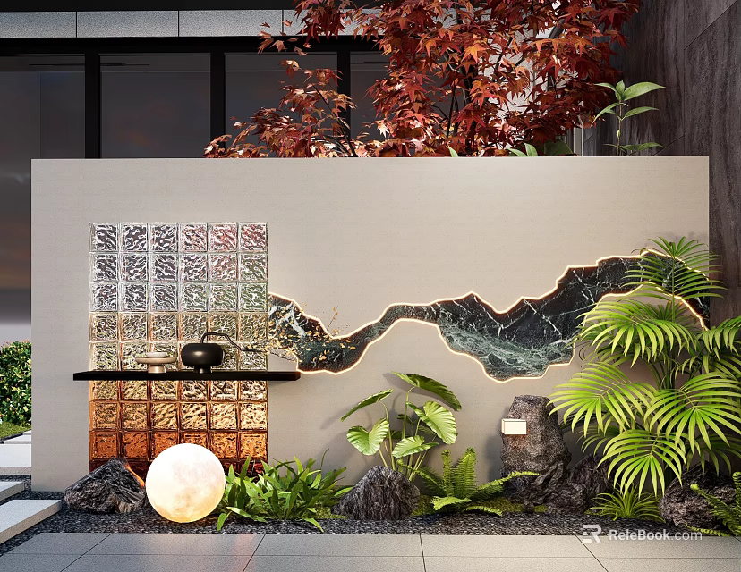Scenic Wall Featuring Mosaic Tiles Mountain Pattern Green Plants Stone Lantern and Round Light 3d model 