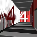 Elevator Hallway Featuring Red White Wavy Decorations Number 4 and Black White Striped Floor
