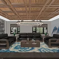 Office Interior Design With Wooden Ceiling Chandelier Bookshelves Large Desk And Rug