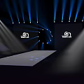 Elegant Stage with Blue Spotlights White Platform Side Stairs and Logos 3d model