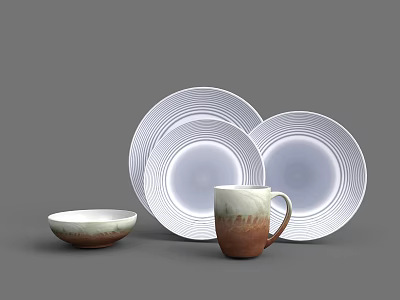 Dinnerware Set with White Plates and Wavy Patterns Small Bowl and Brown White Gradient Mug 3d model