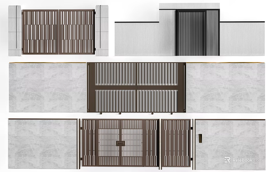 Modern Entrance Gate Design With Vertical Slats Metal Grille And Wooden Frame Details 3d model 