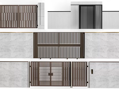 Modern Entrance Gate Design With Vertical Slats Metal Grille And Wooden Frame Details 3d model