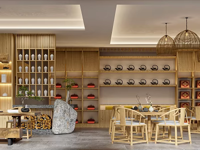 Traditional Teahouse Interior With Wooden Decor Tea Sets And Natural Elements 3d model
