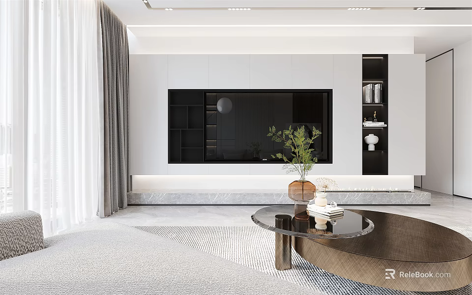 Modern Living Dining Room Interior With TV Wall Sofa Coffee Table And Green Plant 3d model 