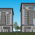 Twin Modern High Rise Office Buildings With Glass Curtain Walls and Landscaped Surroundings Including Trees