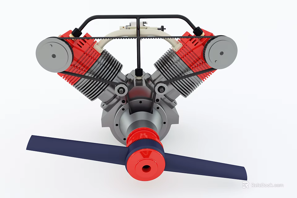 Detailed Radial Engine Featuring Red Silver Cylinders And Blue Propeller Design 3d model 