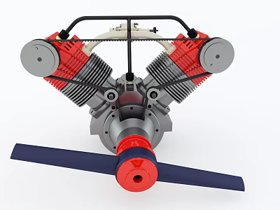 Detailed Radial Engine Featuring Red Silver Cylinders And Blue Propeller Design 3d model